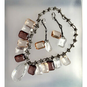 Vintage Lucite Acrylic Glass Purple Peach Clear Statement Necklace / ER Set